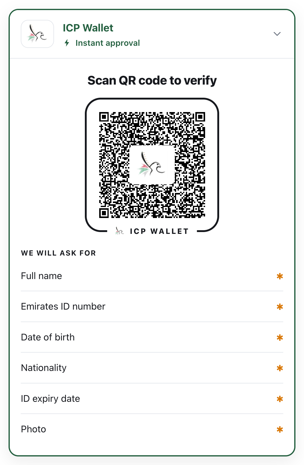 The verification box on a website: wallet name, QR code, and the list of fields that will be requested